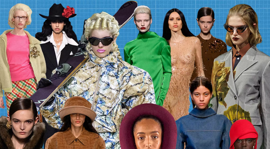 Collage of diverse fashion models on runway wearing maximalist clothing including bold patterned coats, bright green turtleneck.