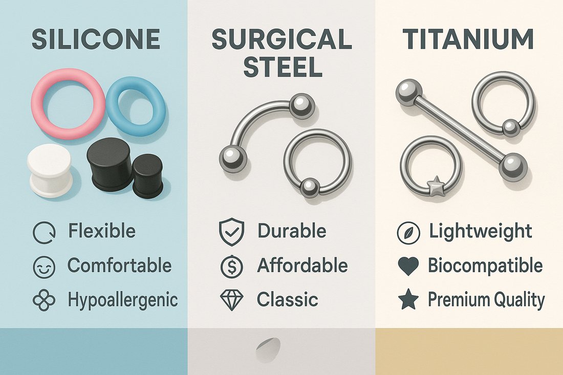 graphic showing the different Body Jewelry Materials Guide: Silicone vs. Surgical Steel vs. Titanium