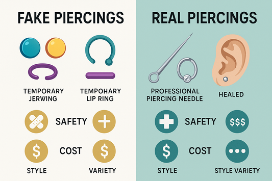 graphic showing the differences between fake nipple piercings and real piercings