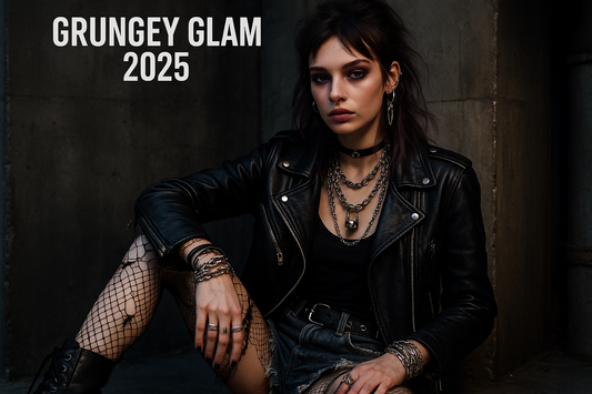 photo of a woman in grunge glam and nikkys nips pierced pasties in front of a dark wall, wearing fishnets.