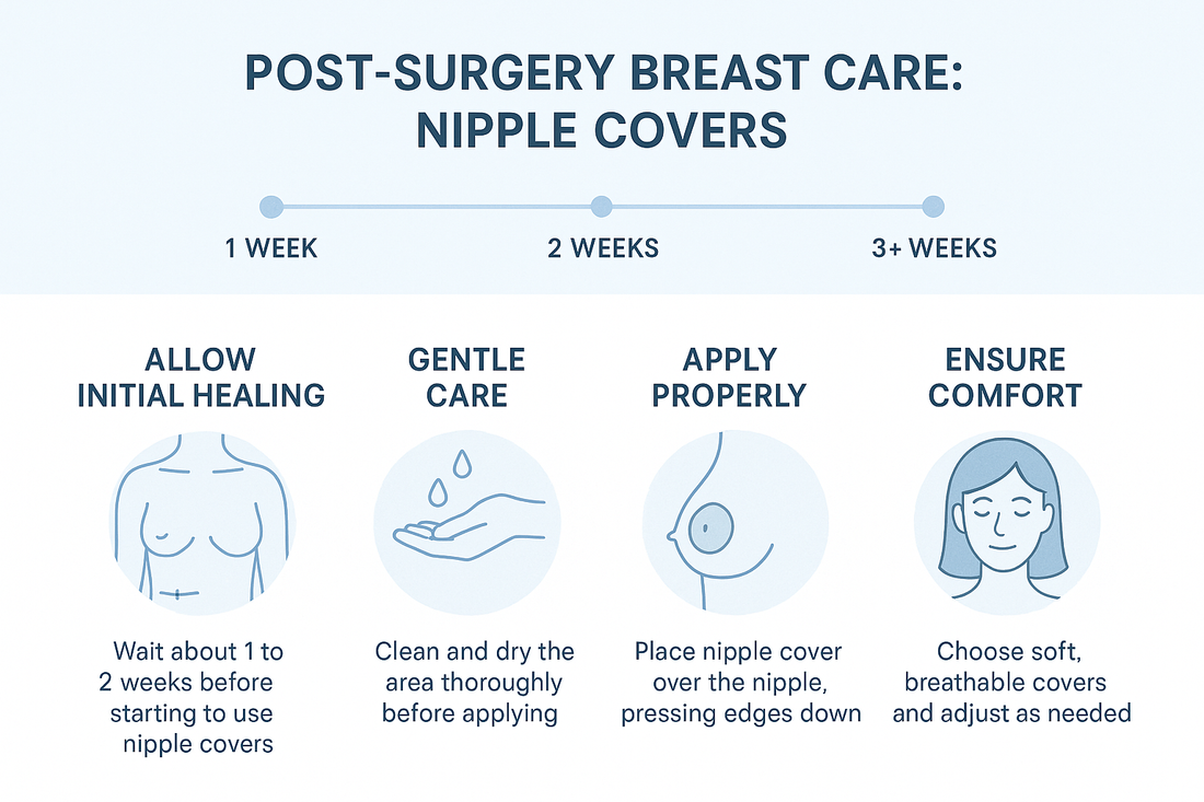graphic showing when and how to safely use nipple covers after breast surgery. Get expert guidance on timing, application, and care for optimal healing.