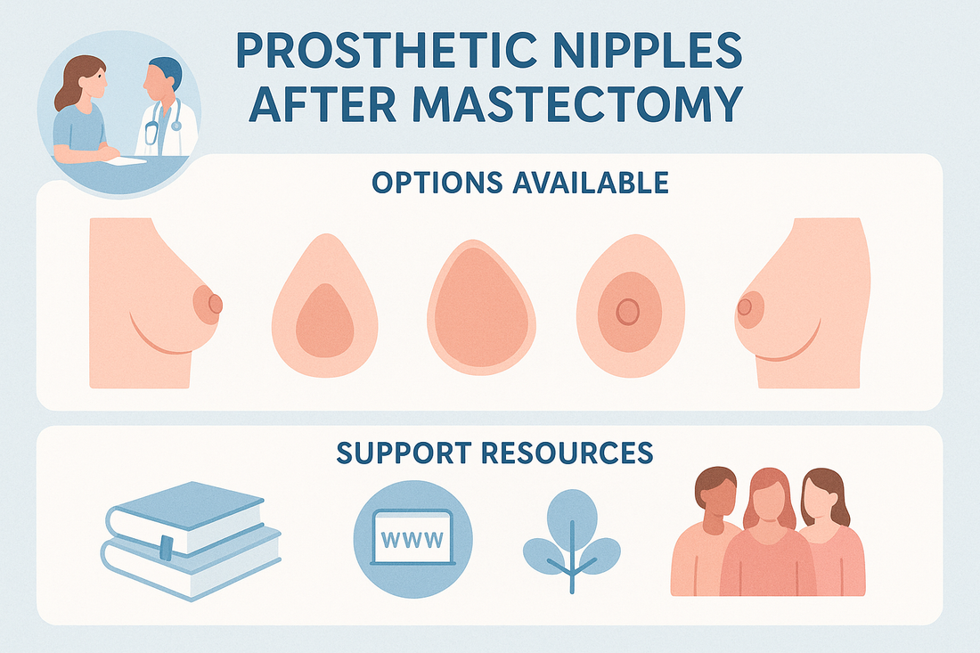 graphic showing a Comprehensive guide to prosthetic nipples after mastectomy. Learn about surgical and non-surgical options, resources, and what to expect during reconstruction.
