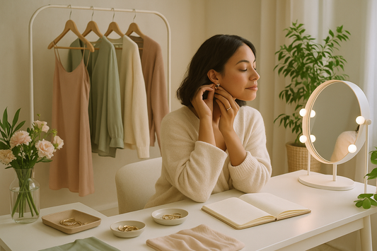 A brown haired woman at her vanity getting ready practicing fashion self care 2025