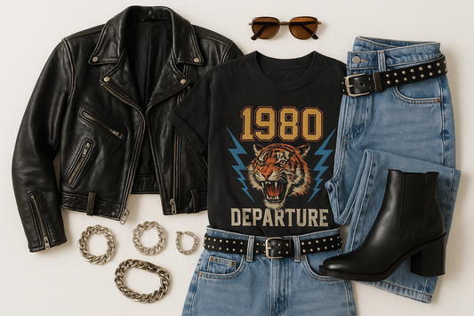 some thrift shop finds including a black leather jacket, jean shorts, black boots, band tee shirt, silver jewelry, and nikkys nips pierced pasties