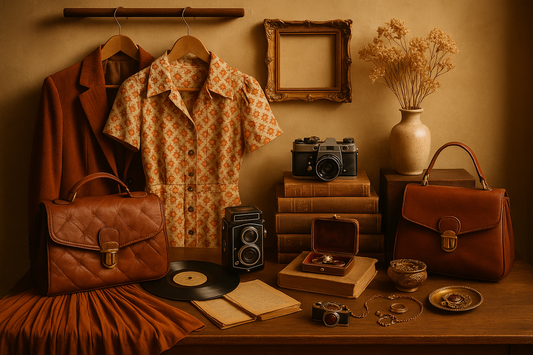 image of a collection of vintage thrift fashion including a patterned shirt, a brown bag, and a film camera on top of a desk