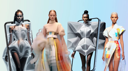 An image showcasing four diverse AI-generated models wearing cutting-edge, digitally inspired fashion.