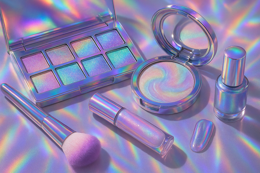 image of makeup brushes and eye shadow that show the holographic beauty trend 2025