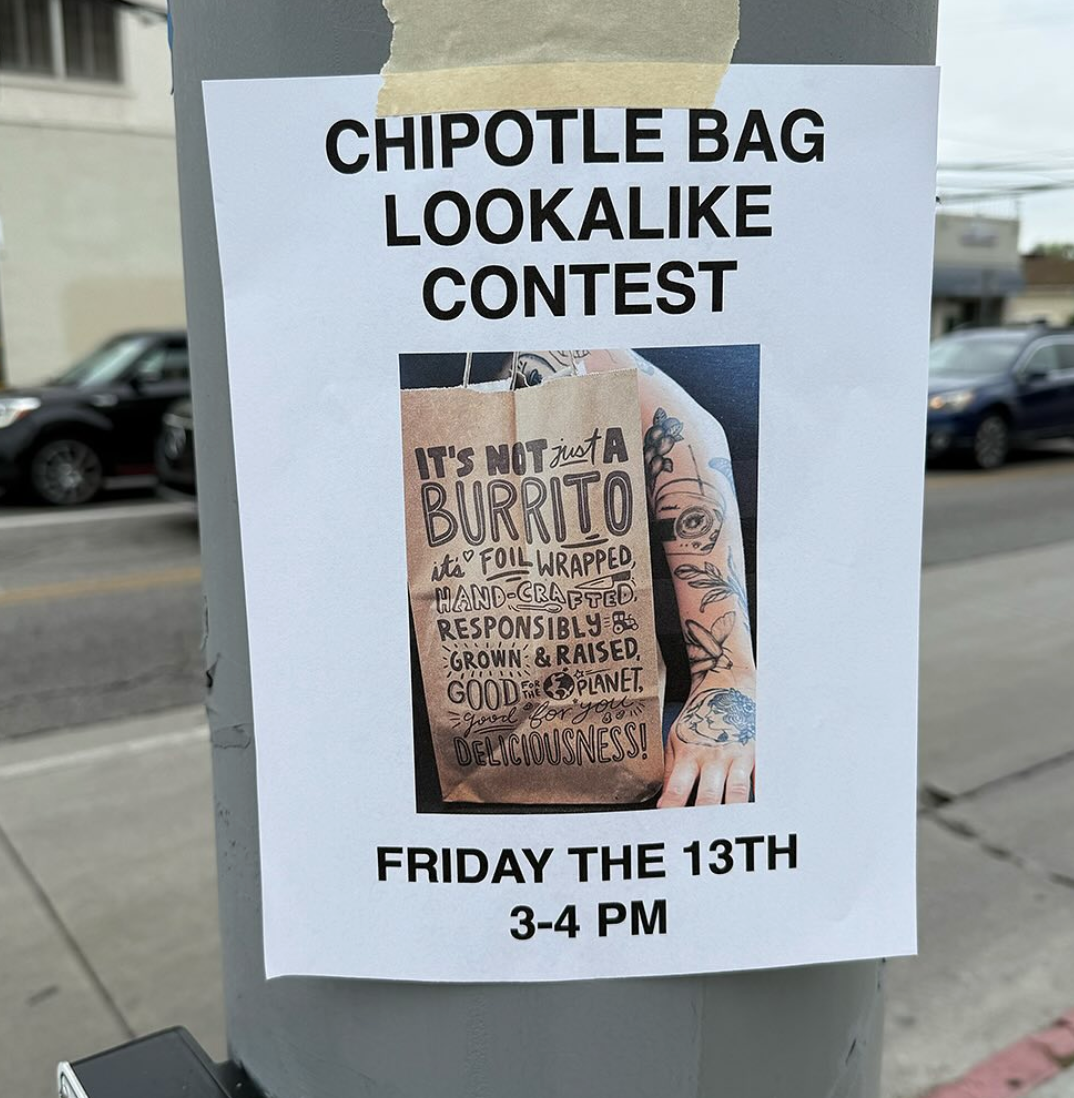 Chipotle 'Friday the 13th' contest flyer showcasing a person with extensive arm tattoos holding a Chipotle bag, linking to themes of temporary body art and fashion trends