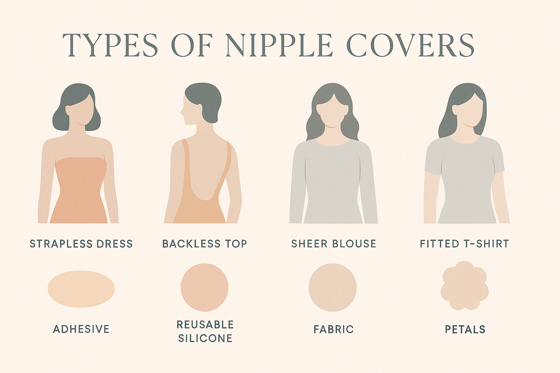 a graphic showing how to Find the perfect nipple covers for any outfit: from professional wear to evening gowns, discover which style works best for different clothing types.