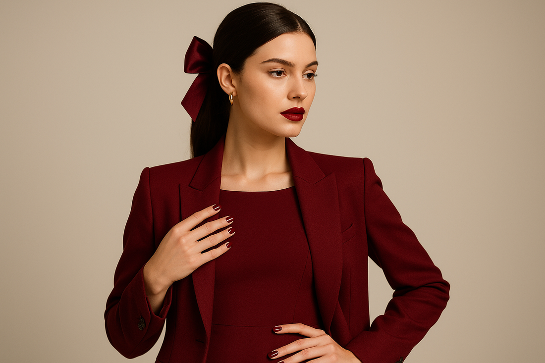 image of woman in cherry red fashion trend 2025 in front of beige wall