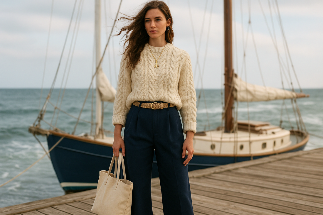 dark haired woman in a fisherman chic fashion sweater in front of a boat. 