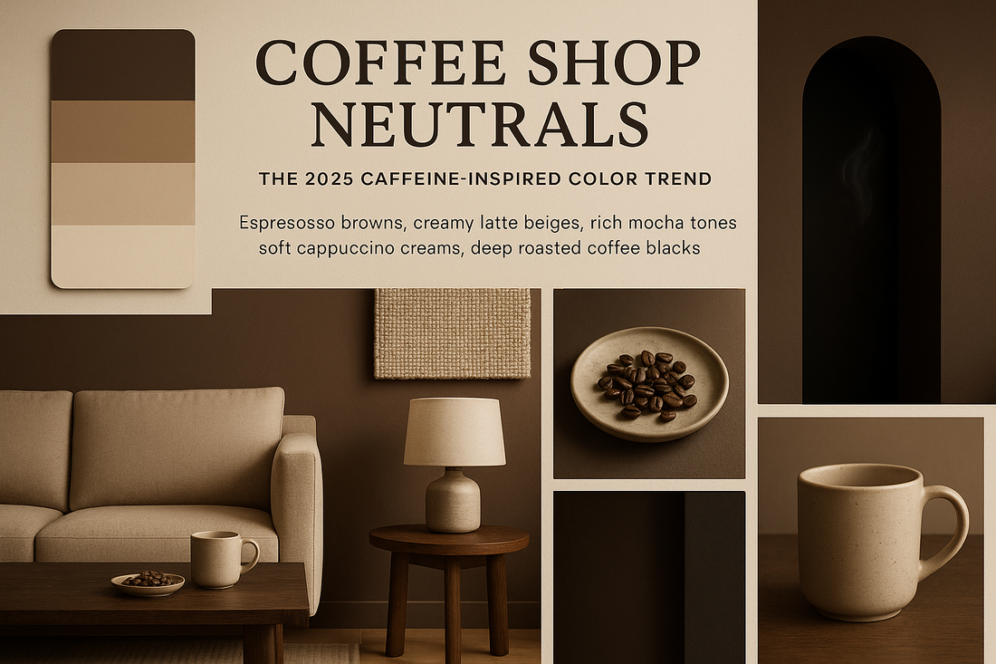 a graphic showing the coffee brown fashion trend with a couch and a mug as an example