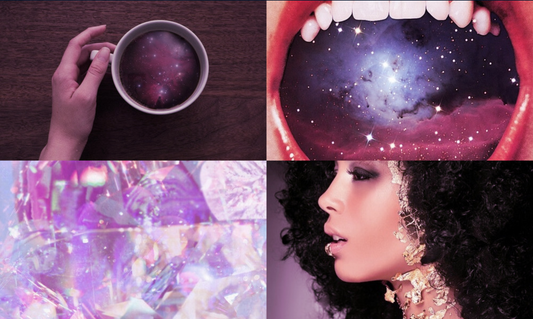 Collage of cosmic girl aesthetic inspiration, featuring iridescent fabrics, starry night skies, and shimmering makeup