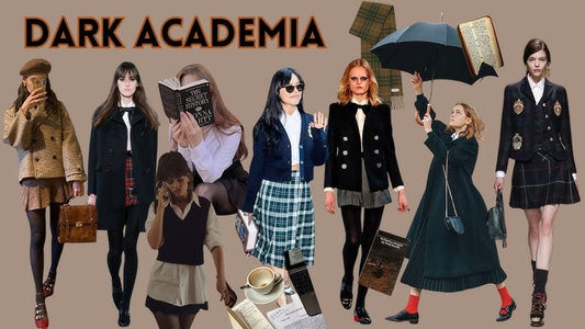 Collage of "Dark Academia" fashion inspiration, featuring models in layered, sophisticated outfits with plaid, blazers, and classic accessories like books and umbrellas, relating to Nikkys Nips pierced pasties.