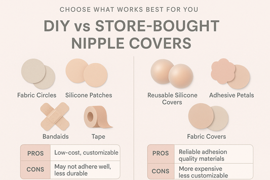 graphic showing the differences between DIY vs. Store-Bought: Nipple Cover Options Near You over a beige background