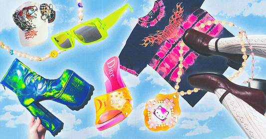 Flat lay of DIY fashion elements including custom patches, fabric tools, and Nikkys Nips pierced pasties for personalized style.