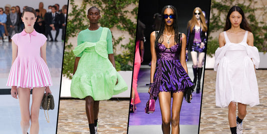 a collage of super models walking down the runway in 60s babydoll inspired modern dresses that can be paired with nikkys nips pierced pasties