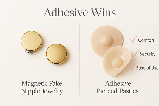 a graphic comparing fake nipple piercing magnets to nikkys nips pierced pasties over a white background