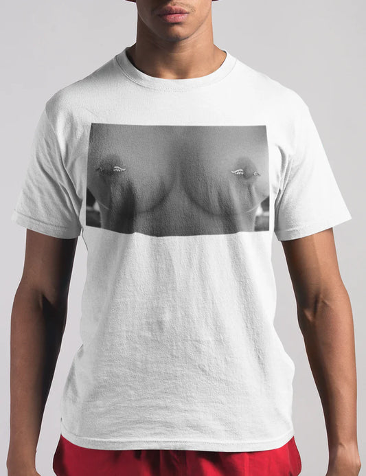Male model wearing fake pierced nipples under sheer mesh shirt - gender-fluid fashion 2025