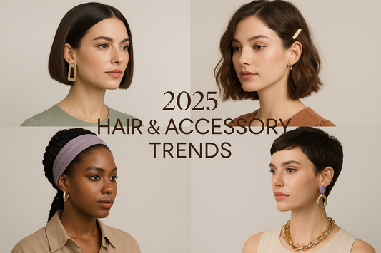 four dark haired female models showing off hair accessory coordination 2025 over a beige background
