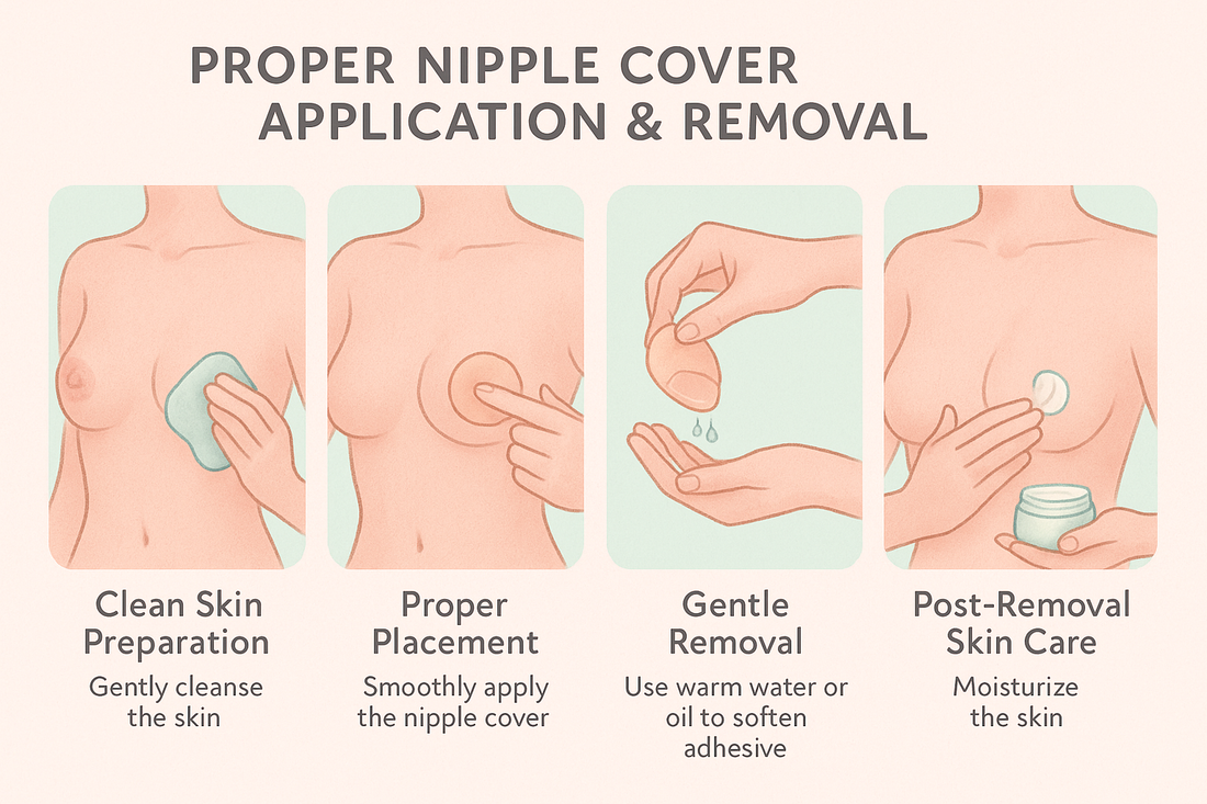 graphic teaching the proper techniques for applying and removing nipple covers safely - which can prevent skin damage and ensure comfortable wear with expert tips.