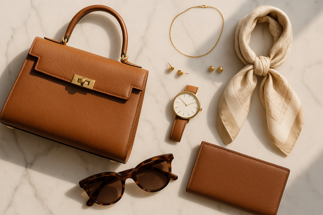 image of investment accessories 2025 including a brown bag, sunglasses, and a silk scarf over a marble background