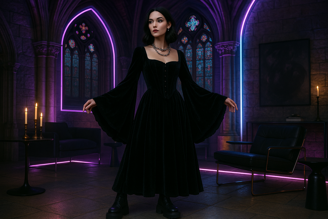 Dark haired woman in medieval core fashion 2025 in a gothic castle