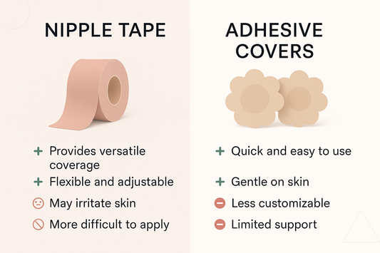 graphic showing the pros and cons of nipple tape and adhesive covers 