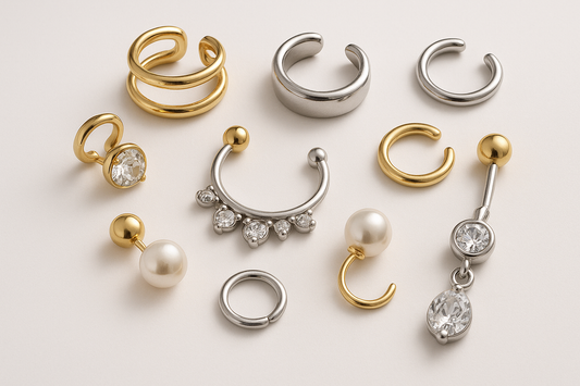 an array of Non-Pierced Body Jewelry including Clips, Magnets, and nikkys nips pierced pasties