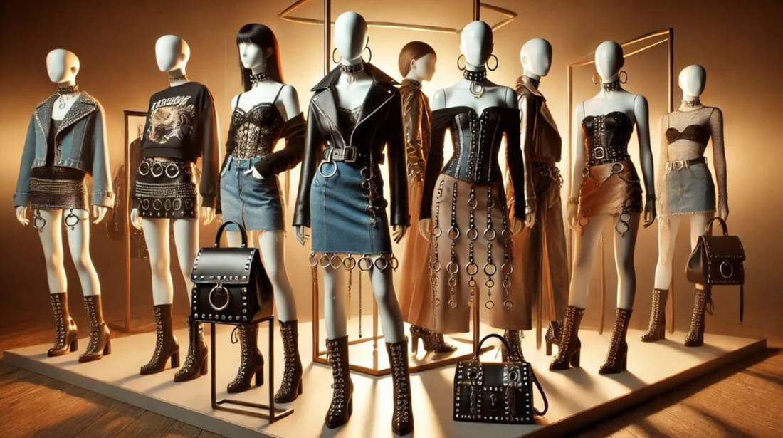Row of mannequins displaying fashion piercing trends includingpunk-inspired fashion with leather, denim, and metal ring details