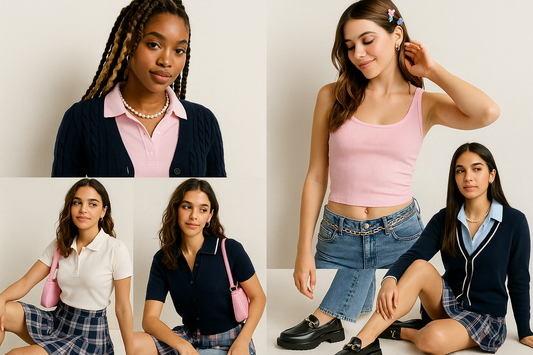 collage of girls in preppy fashion trend clothing including plaid skirts and polo shirts
