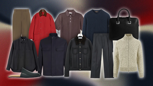 A flat lay of men's clothing and accessories in muted, sophisticated colors like navy, charcoal, beige, and deep red, featuring tailored trousers, knit sweaters, jackets, a collared shirt, and a black leather briefcase, representing "quiet luxury" style.