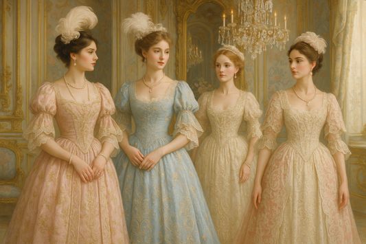 a drawing of four women in ornate rococo dresses similar to the Bridgerton fashion trend of 2025