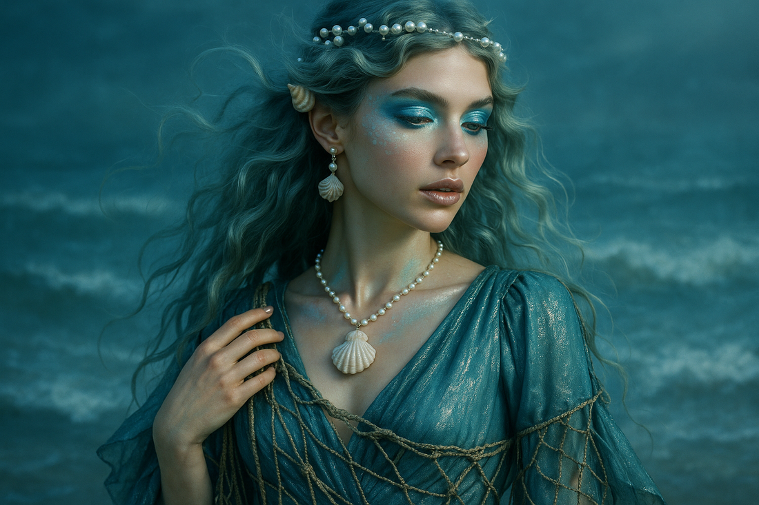 A woman in a blue dress in front of a blue background showing off the sea witch aesthetic 2025