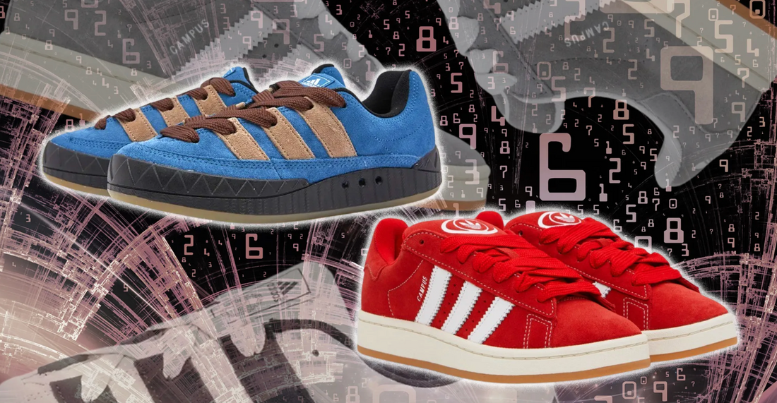 Two pairs of Adidas Campus sneakers, one blue and brown, one red and white, with a digital background for skate outfit ideas