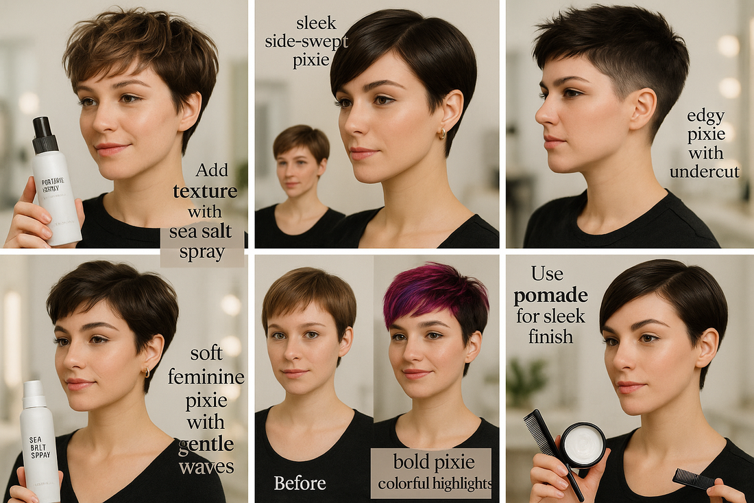 graphic showing pixie cut styling tips featuring woman with brown short hair