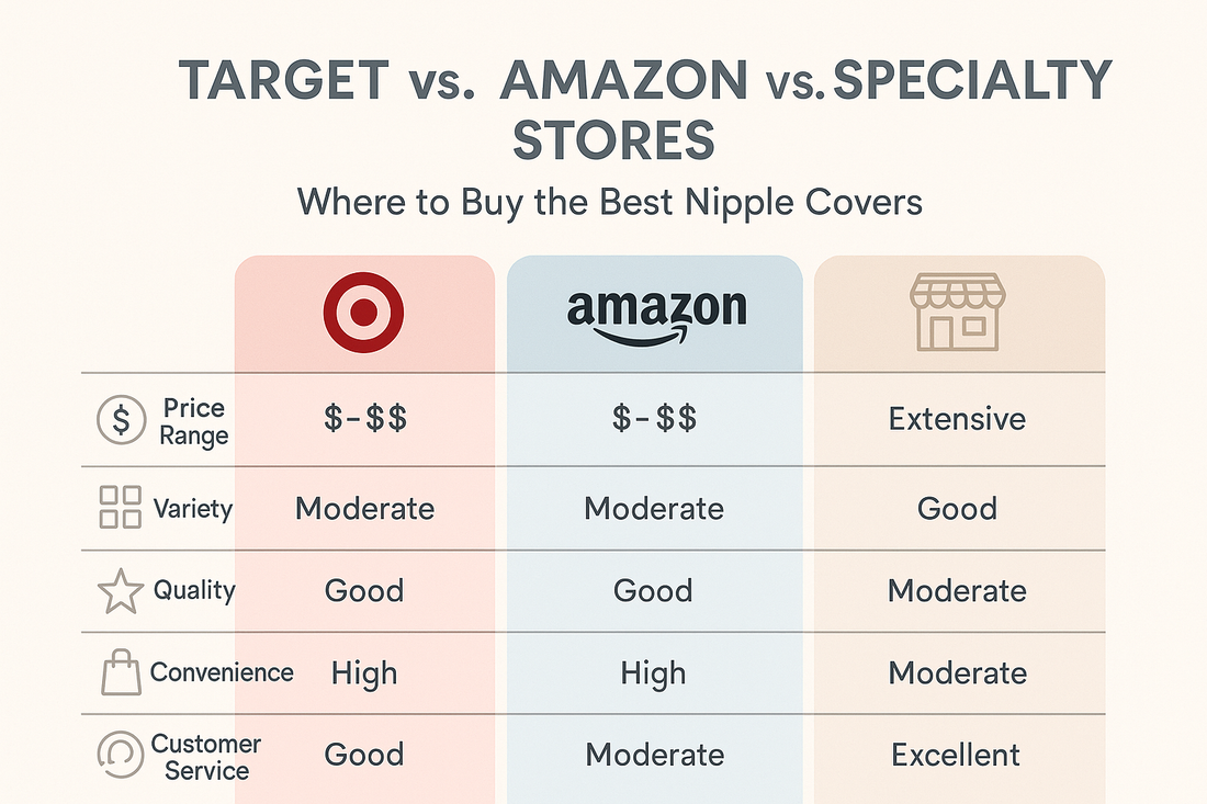 graphic comparing where to buy nipple covers: Target, Amazon, or specialty retailers to help discover which option offers the best quality, selection, and value for your needs.