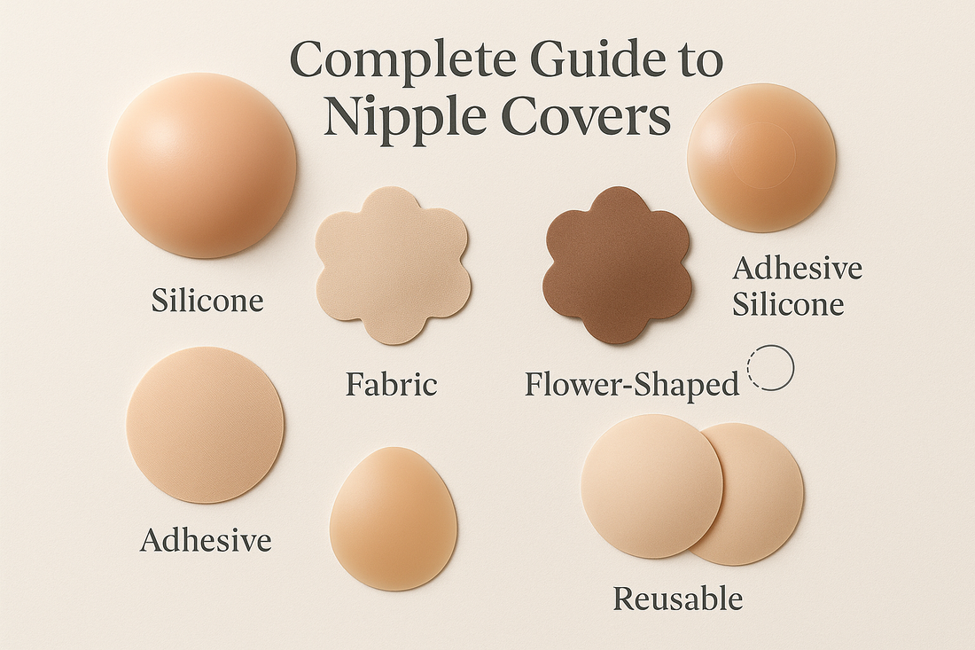 A graphic showing The Complete Guide to Nipple Covers: Types, Uses, and How to Choose
