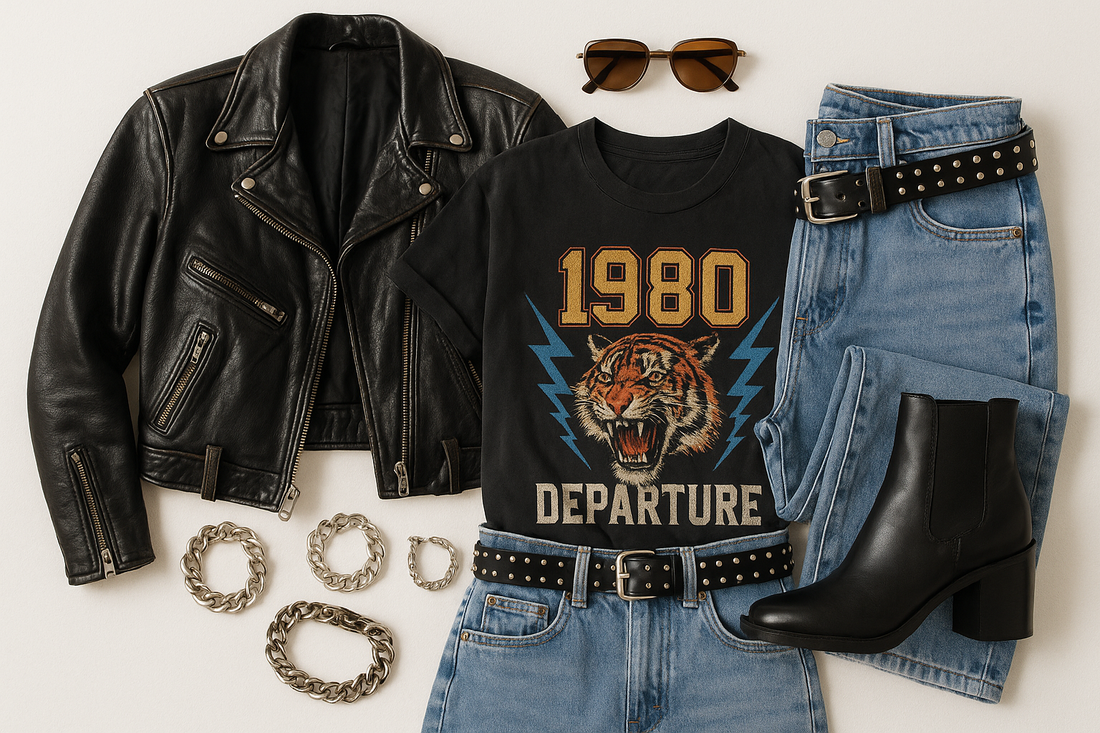 some thrift shop finds including a black leather jacket, jean shorts, black boots, band tee shirt, silver jewelry, and nikkys nips pierced pasties 