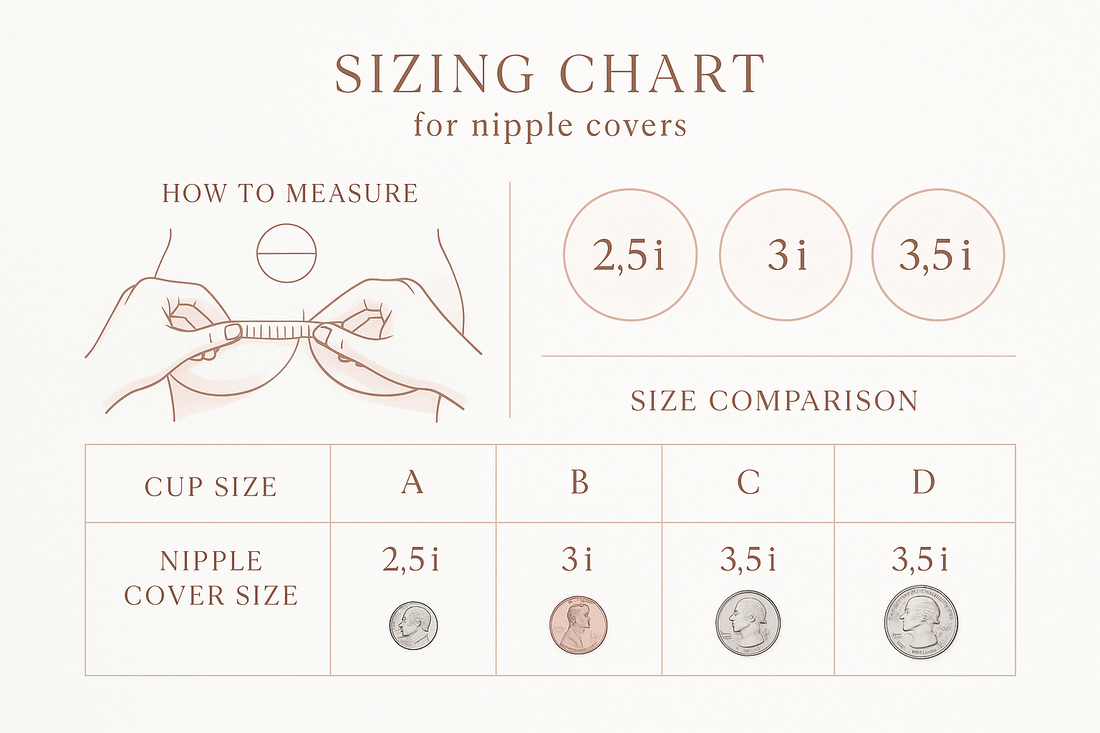 graphic showing how to get the perfect fit with our nikkys nips comprehensive nipple cover sizing guide and Learn how to measure and choose the right size for maximum comfort and coverage.