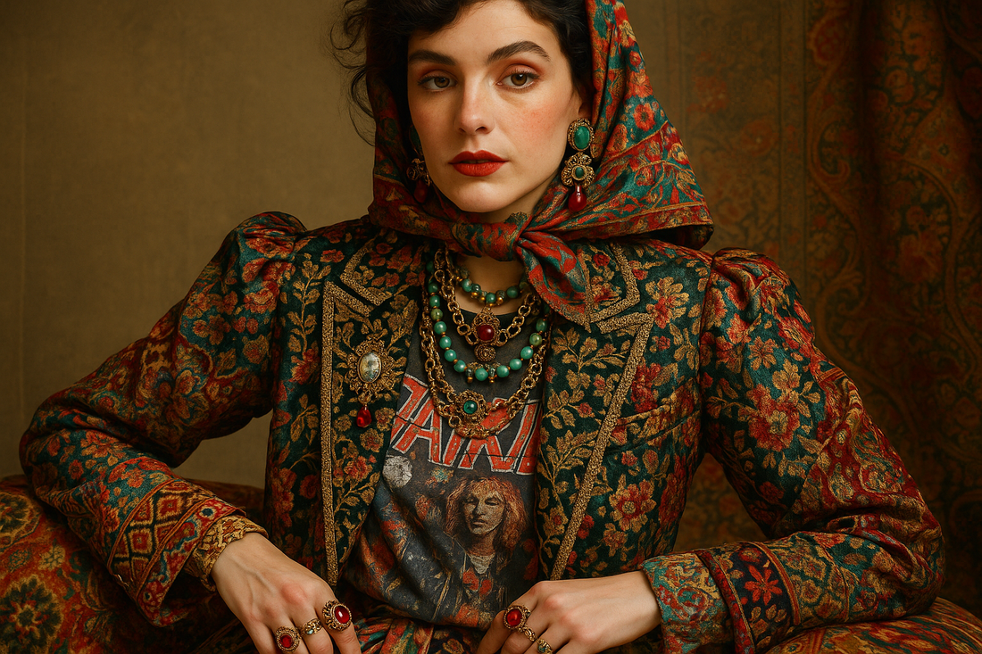 dark haired woman in vintage maximalism fashion in front of a yellow background