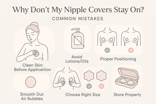 graphic showing different solves for nipple cover adhesion problems with expert troubleshooting. Learn why covers fall off and how to fix common application and product mistakes.